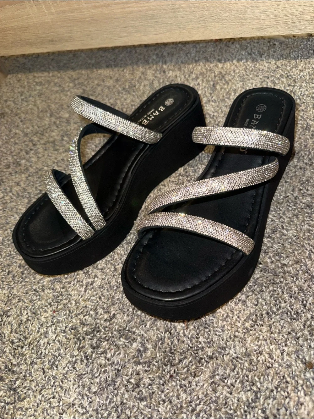 NWOB Bamboo Black Platform Sandals with Sparkling Silver Straps
